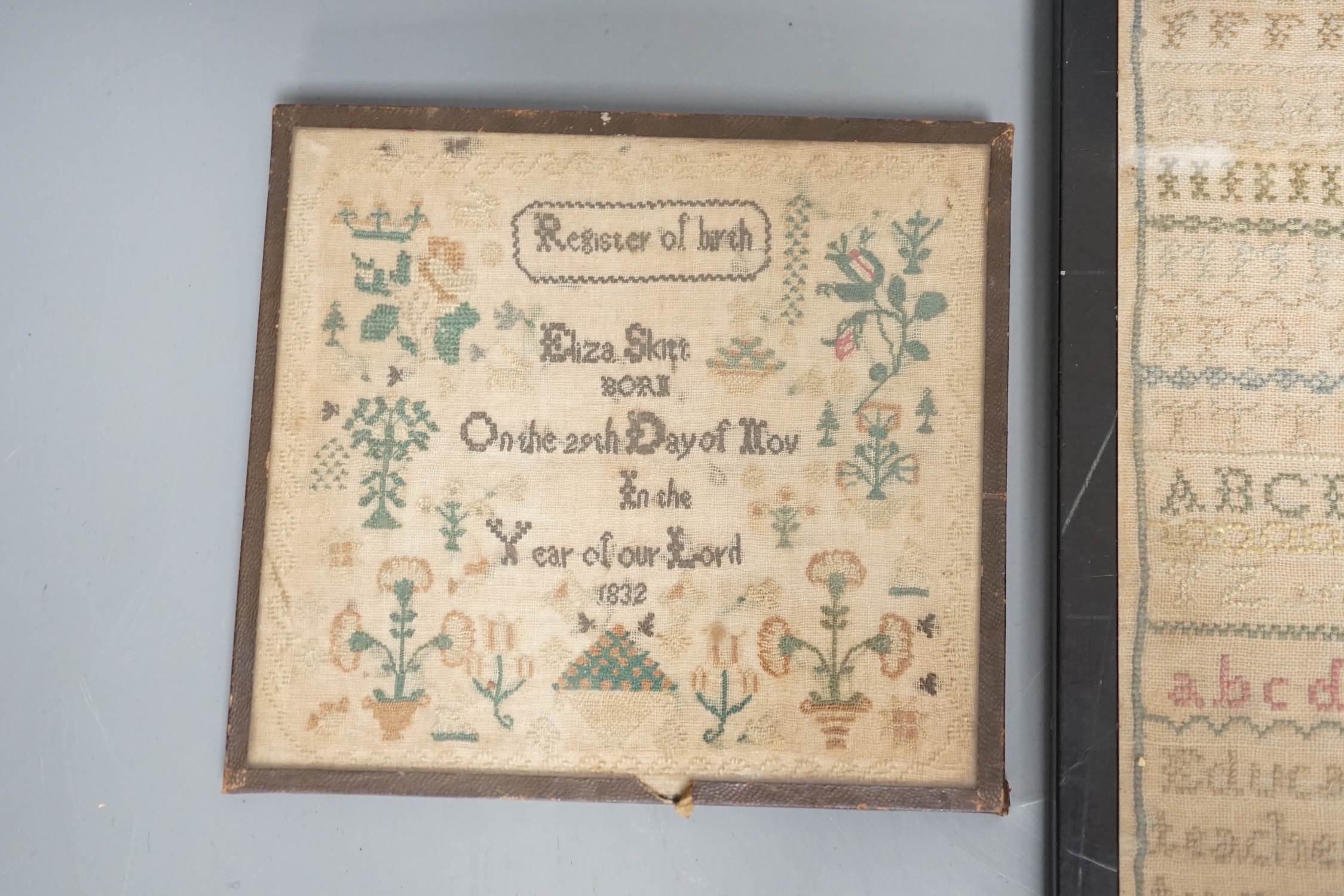 An unusual William IV ‘Register of birth’ small sampler together with four other samplers ranging in date from 1778 to 1851, largest 56 cm x 20.5 cm (5)